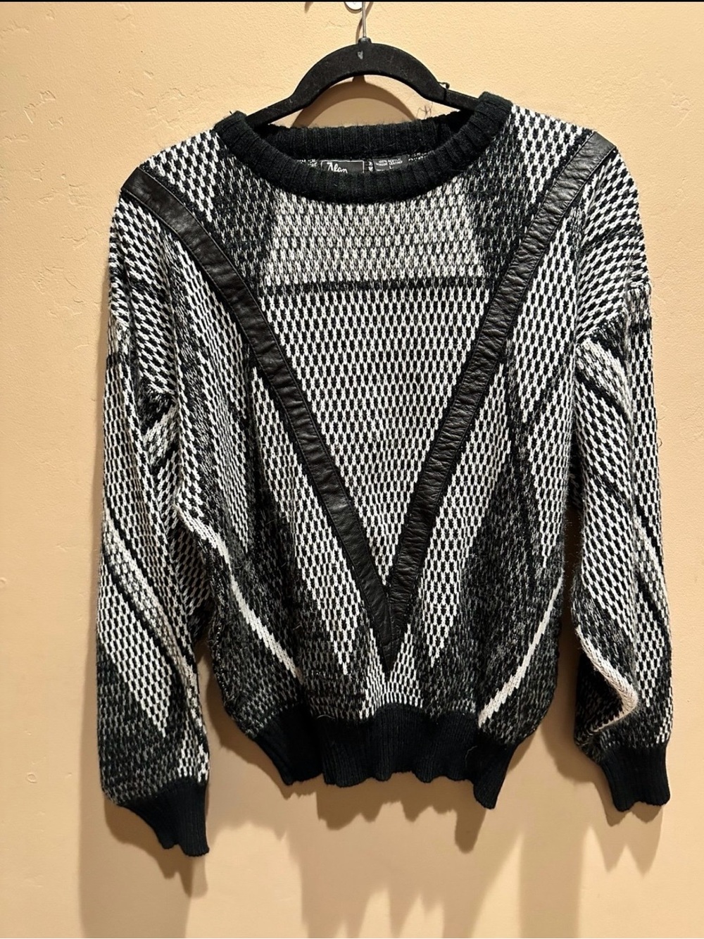 Vintage Alan Stuart 90s Geometric Knit Leather Trim Sweater Grandpacore - Large